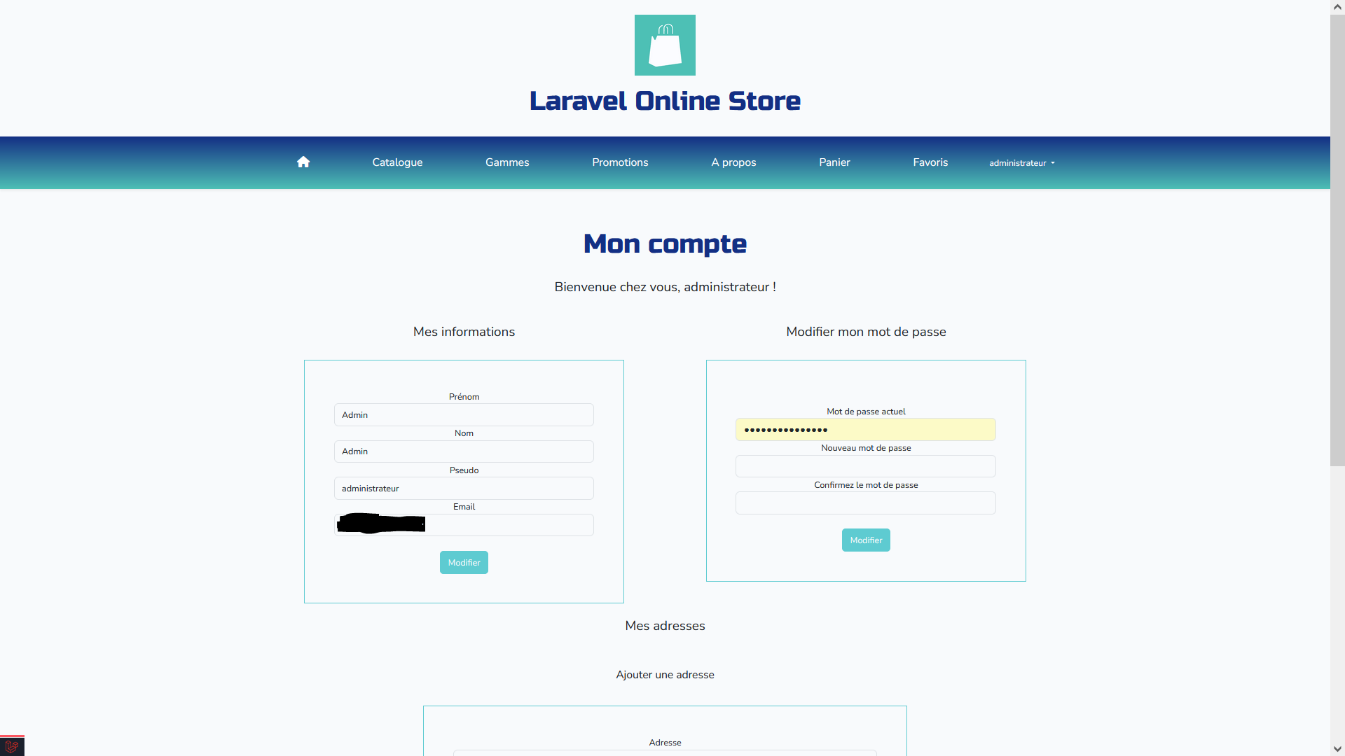 capture page mon compte Laravel Online Store